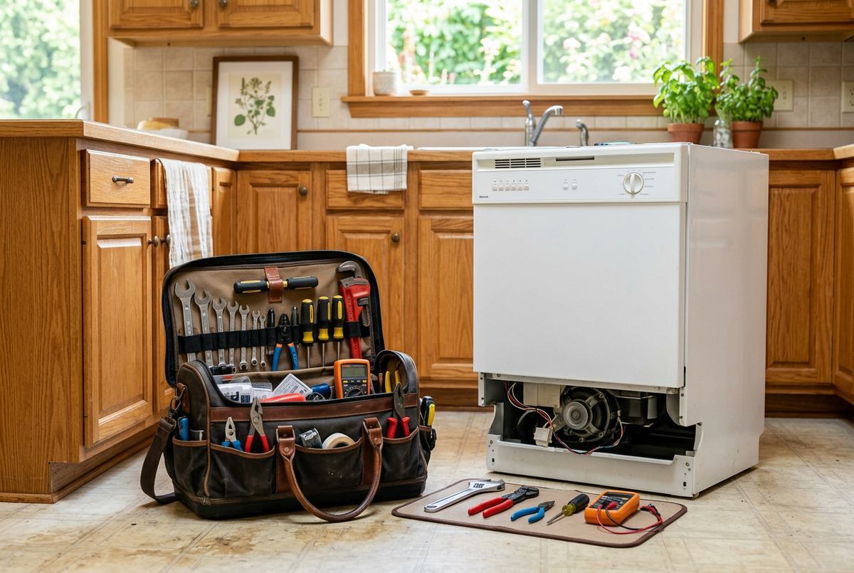 Appliance repair technician at work